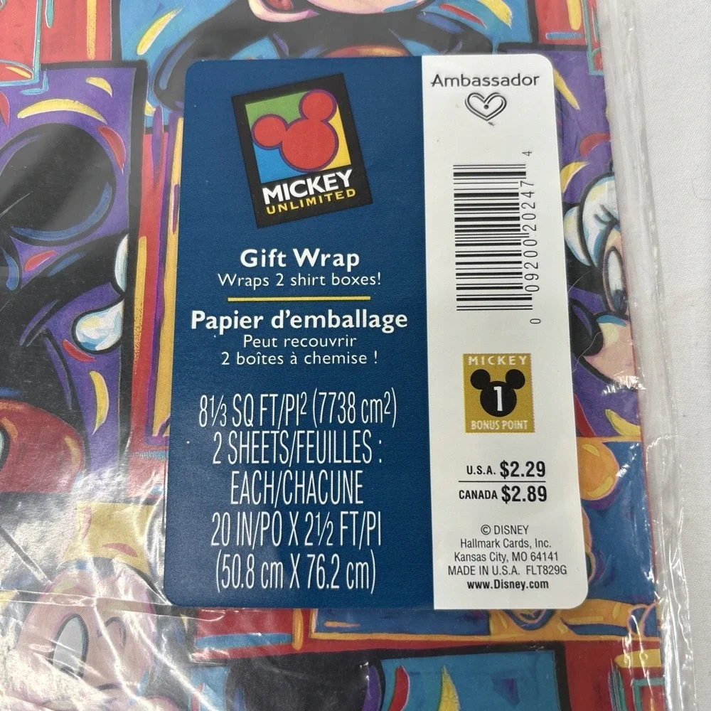 Vtg Disney Mickey Mouse Unlimited Gift Wrap Wrapping Paper‎ Hallmark 2 Sheets